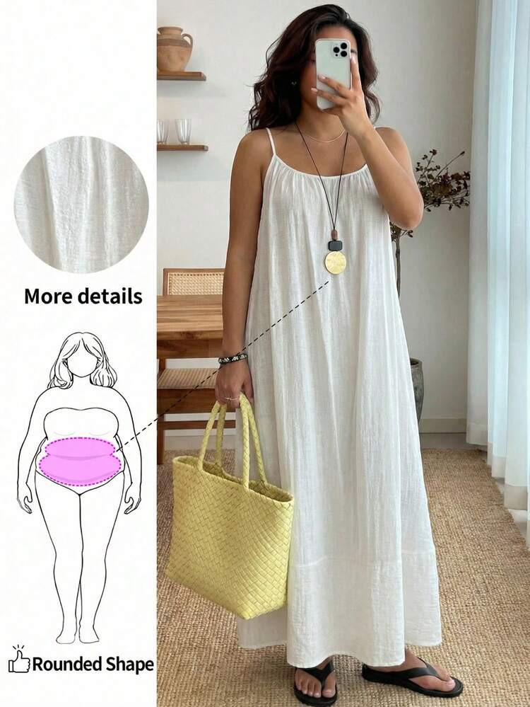 Enliva Plus-Size Women's Summer White Silky Linen Sundress,Loose-Fitting Spaghetti Straps Long Vacation Holiday Dress,Smart Casual Picnic For Rounded Shape | SHEIN