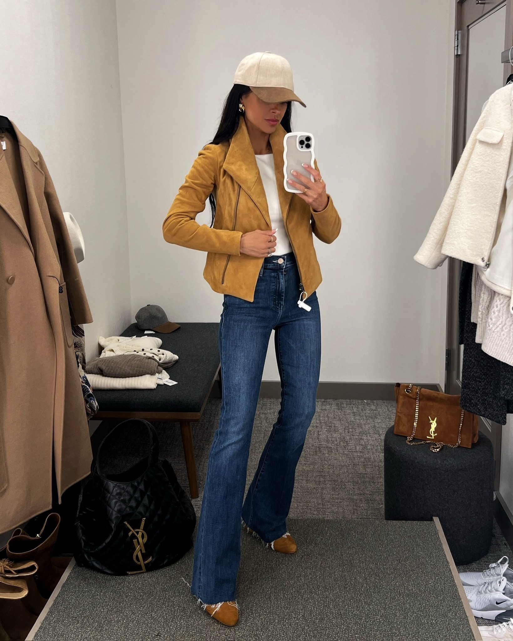 Nordstrom anniversary sale 2025
Fall outfit ideas 
Vince suede moto jacket wearing an XS
Mother flared jeans - wearing a 24
Marc fisher tan suede booties run tts
Nordstrom baseball cap
#nordstrom #nsale 