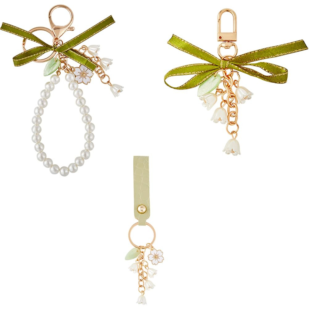 CRASPIRE 3Pcs Enamel Sakura Keychains Pendants Leather Pearl Beaded Wristlet Lanyard Lily of The ... | Amazon (US)
