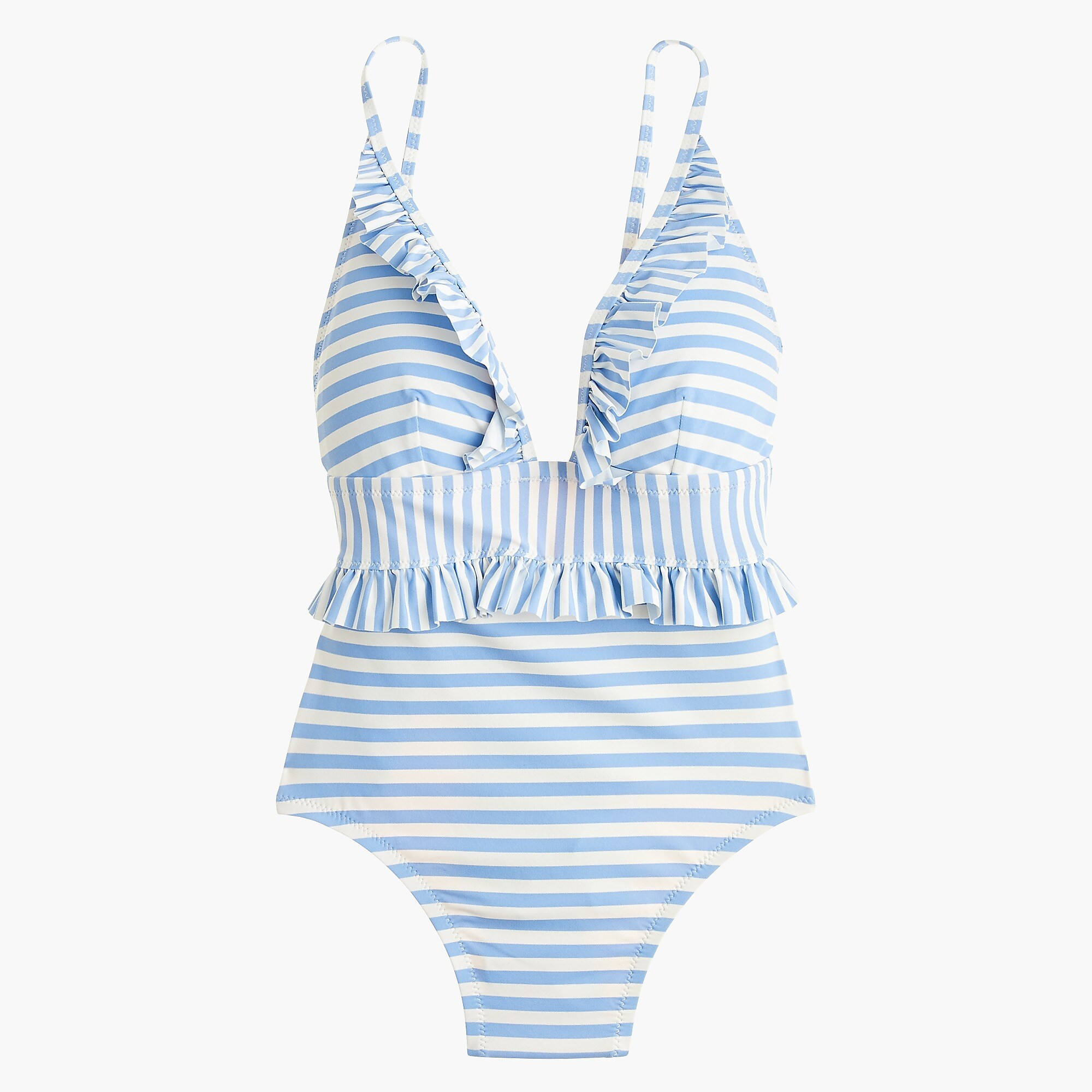 Ruffle plunging one-piece swimsuit in mixed stripe | J. Crew US