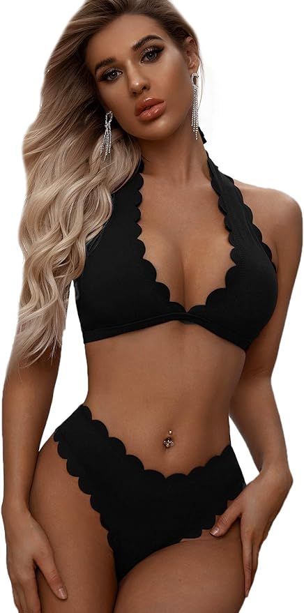 MakeMeChic Women's Scallop Trim Halter Top 2 Piece Swimwear Bikini Set | Amazon (US)