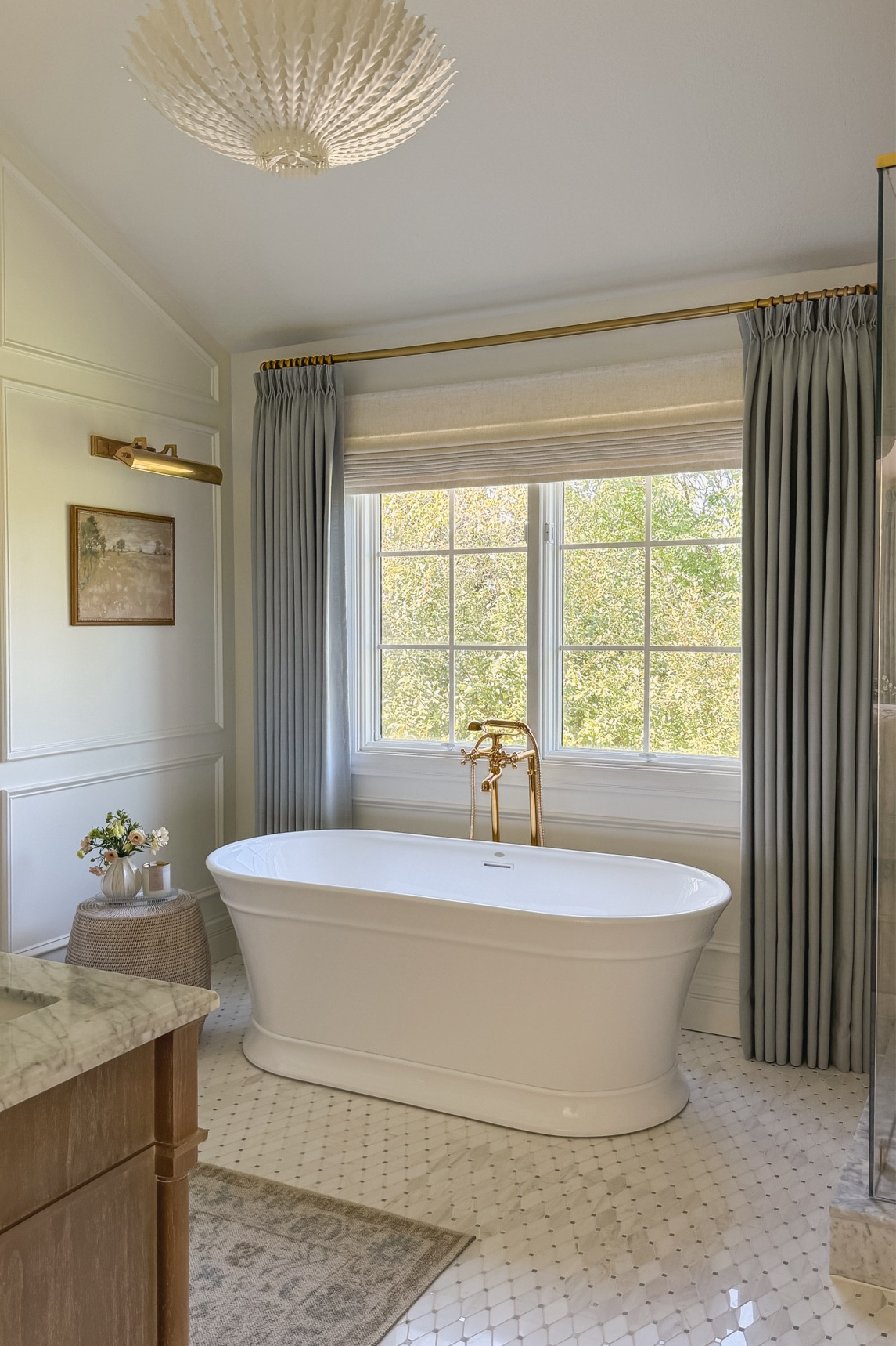 Wall color: Sherwin Williams Greek Villa 

Curtain details:
Isabella heavyweight polyester cotton blend
Winter Sky
Triple pleated header
Room darkening liner
memory training
My curtain measurements 91”L x 60”W

Bathroom decor, bathroom vanity, white oak vanity, Home Depot, Wayfair, faucet, Rohl plumbing, home decor, neutral decor 

#LTKCyberWeek #LTKSaleAlert #LTKHome