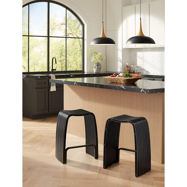 Possini Euro Felton 17 3/4" Wide Black and Wood Modern Dome Pendant | Lamps Plus