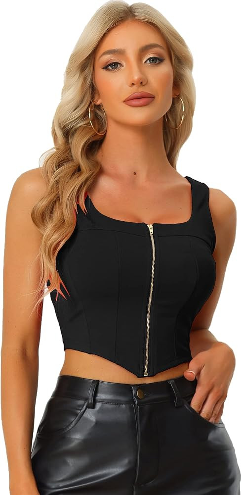 Allegra K Women's Square Neck Asymmetrical Hem Zip Front Crop Tank Corset Tops | Amazon (US)