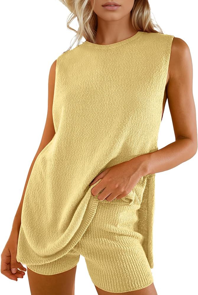QIBABU Womens Knit Pajamas Sets 2 Piece Outfits Casual Sleeveless Sweater Tank Top Shorts Loungew... | Amazon (US)