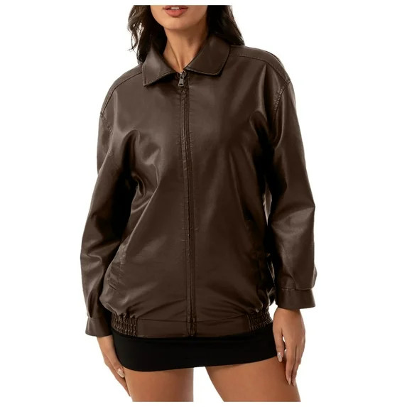 BYHONG Women's Loose Leather Jacket OVERSIZE Women's Jacket Long Sleeve Lapel Spring and Autumn C... | Walmart (US)