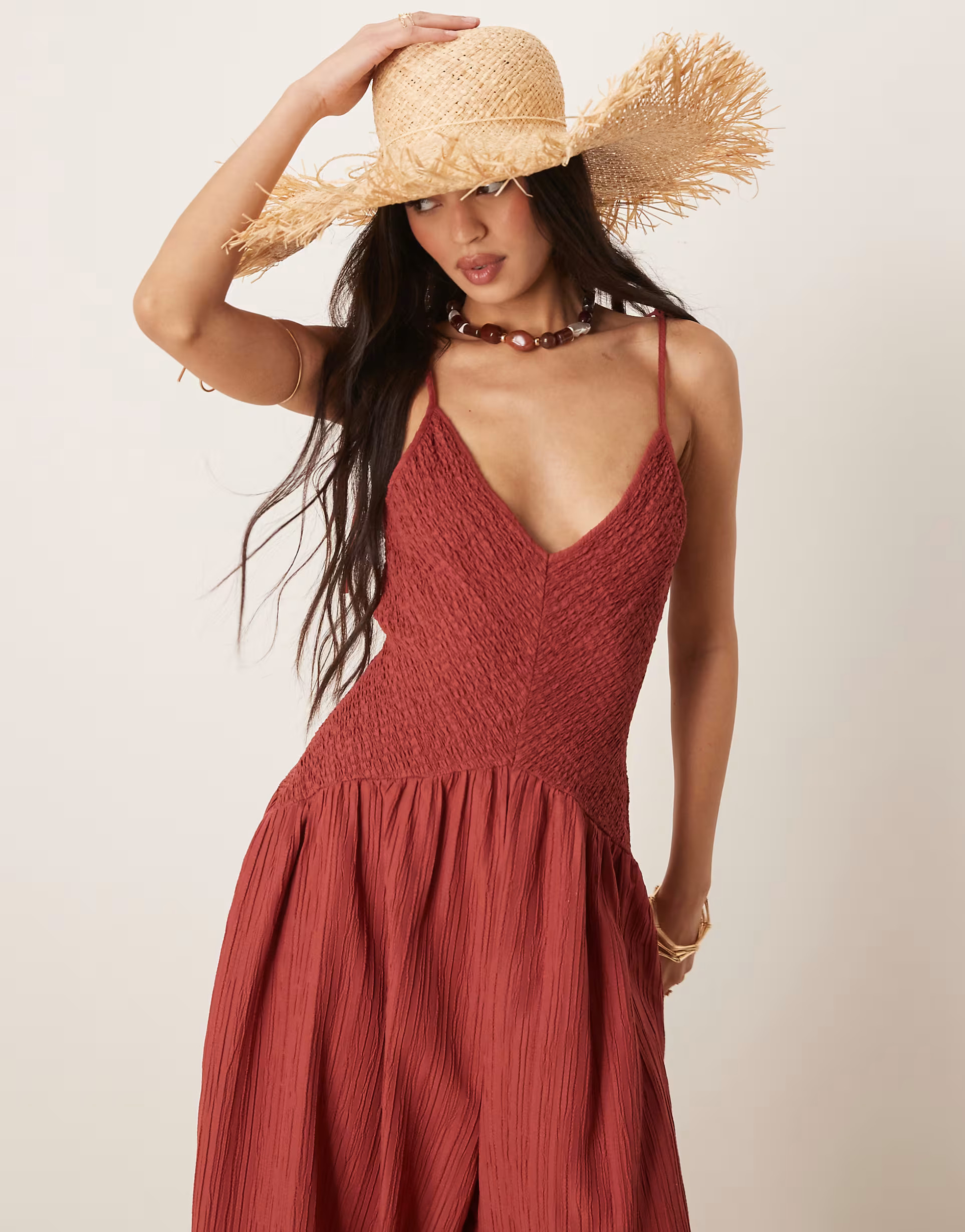 ASOS DESIGN V neck poly crinkle dropped waist jumpsuit in rust | ASOS | ASOS (Global)