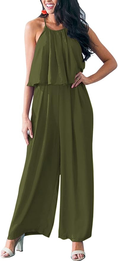 PRETTYGRADEN Women's Casual Summer Sleeveless Jumpsuit Halter Neck Wide Leg Pants Rompers One Pie... | Amazon (US)