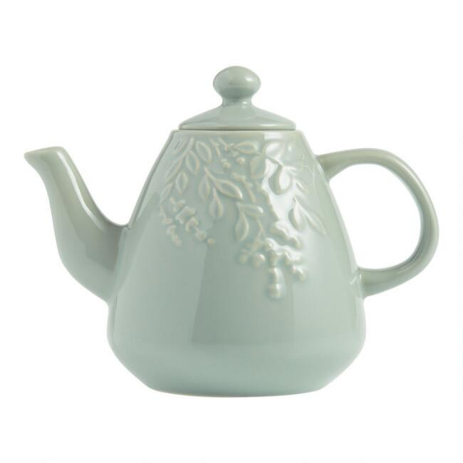 Sage Green Ceramic Botanical Embossed Teapot | World Market