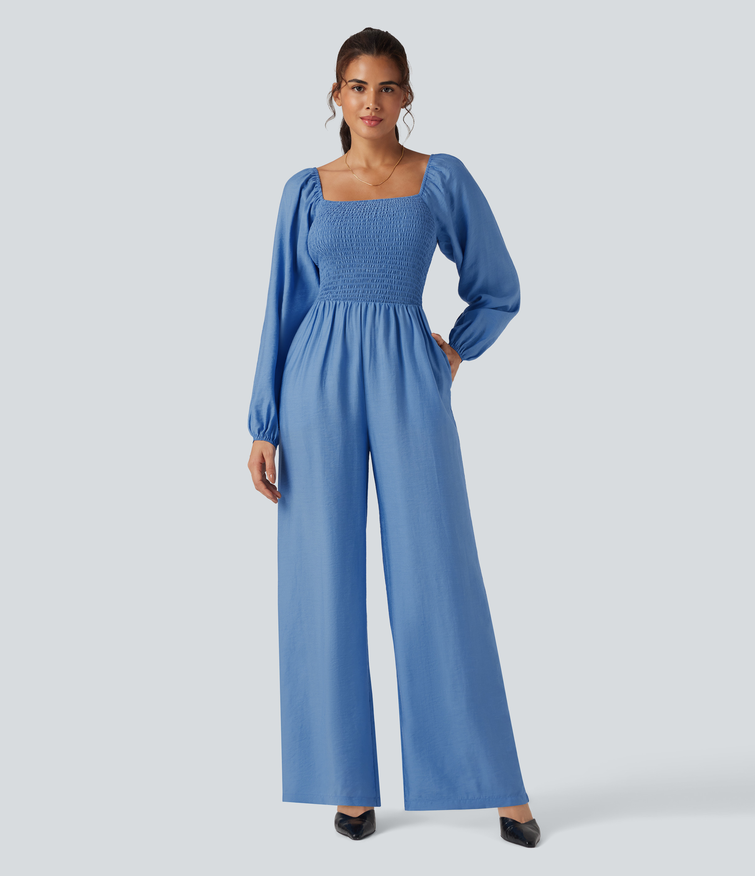 Halara Square Neck Puff Long Sleeve Casual Jumpsuit with Pockets - Della Robbia Blue - L(regular) | HALARA