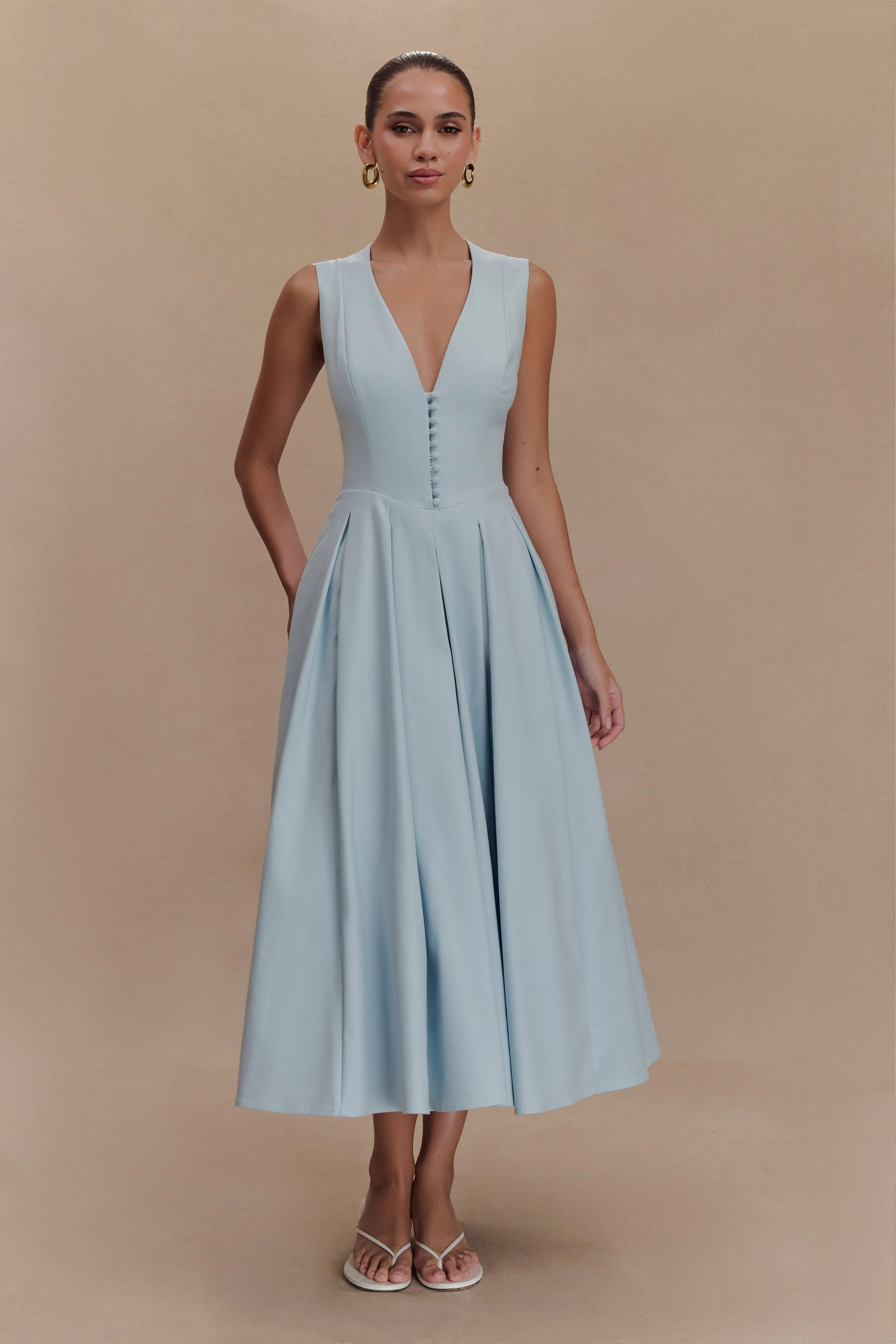 Keely Cotton Sleeveless Midi Dress - Sky Blue | MESHKI US