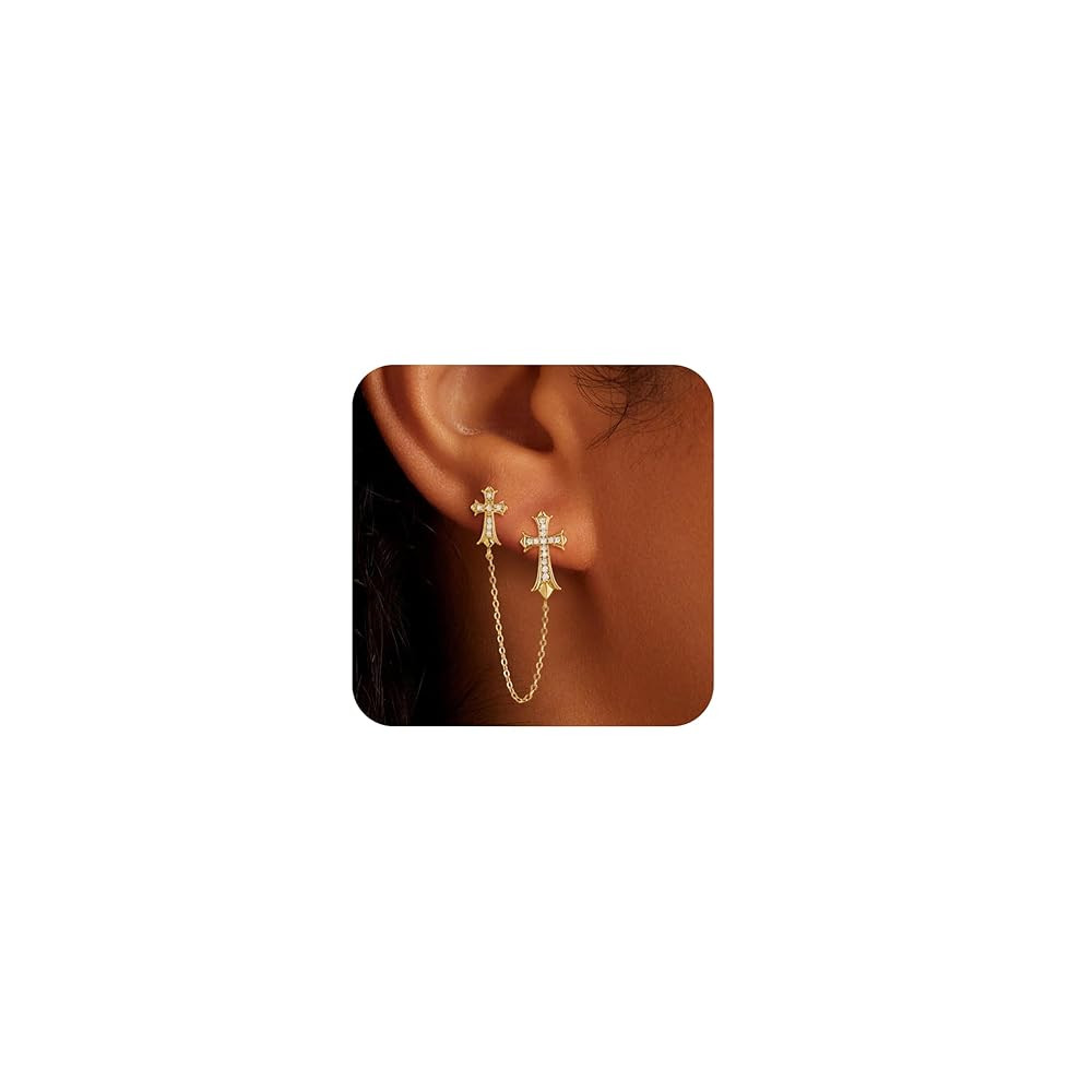 Gold Cross Earrings for Women 14K Gold Double Piercing Cross Earrings Diamond Stud Earring | Amazon (US)
