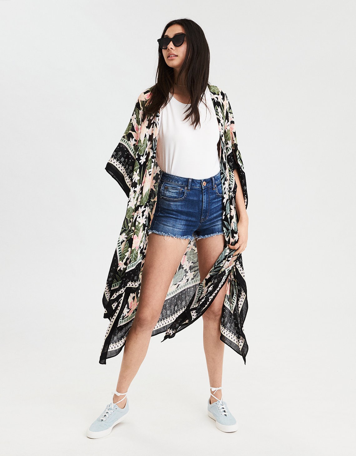 AEO Floral Midi Kimono, True Black | American Eagle Outfitters (US & CA)
