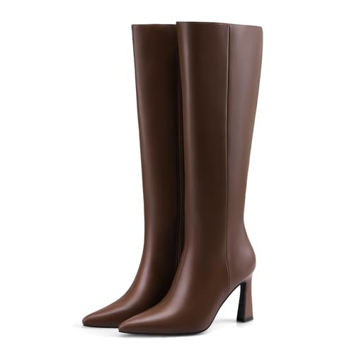 Adrizzlein Brown Knee High Boots Women Pointed Toe Chunky High Heel Long Boots Side Zipper Dress Tall Boots Size 6 | Amazon (US)