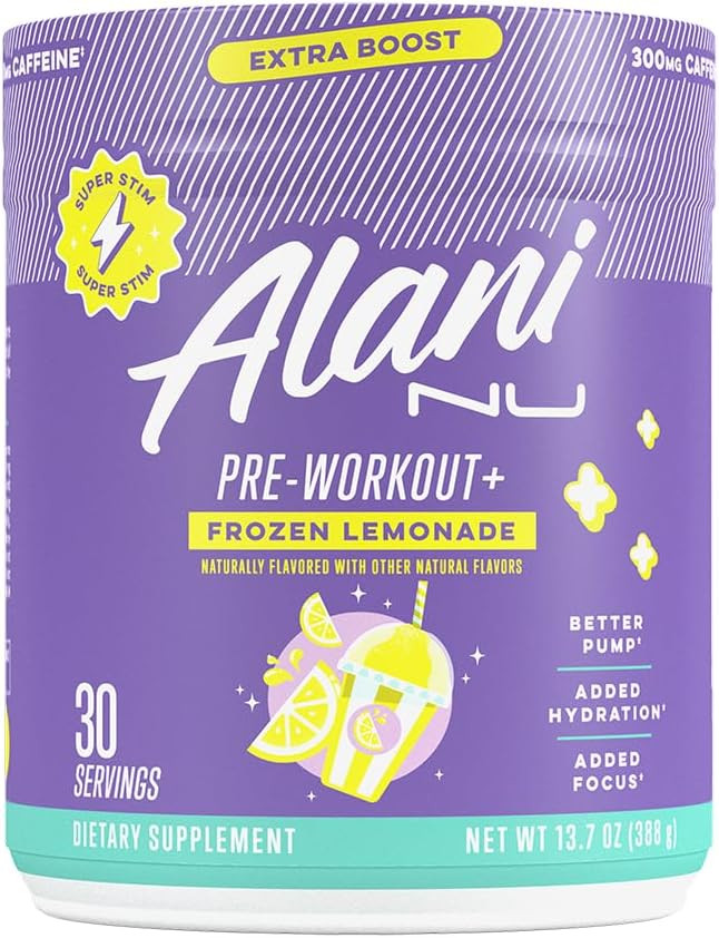 Alani Nu Pre Workout+ Powder Frozen Lemonade, Extra Boost, Sugar Free, 300mg Caffeine, L-Theanine... | Amazon (US)