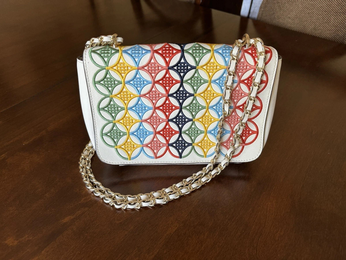 Tory Burch Robinson embroidered Saffiano Leather White crossbody shoulderbag-EUC | eBay US