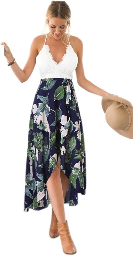 Blooming Jelly Women's Deep V Neck Sleeveless Summer Asymmetrical Floral Maxi Dress | Amazon (US)