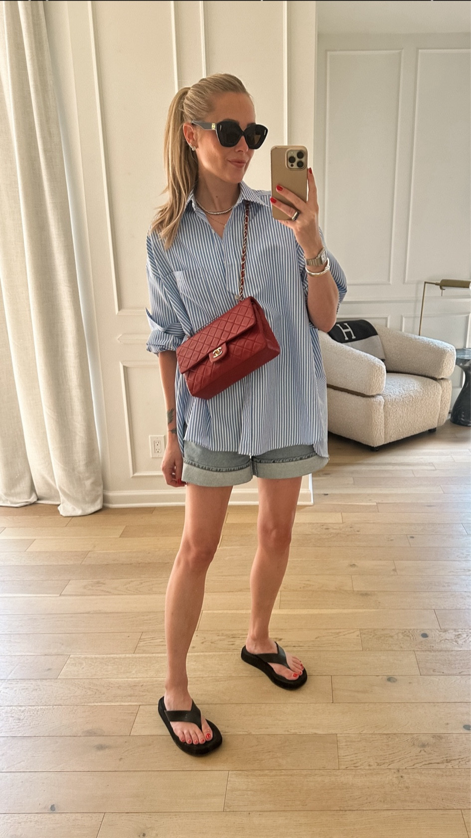 Blue and white stripe shirt outfit, denim shorts outfit 

#LTKStyleTip #LTKShoeCrush #LTKOver40