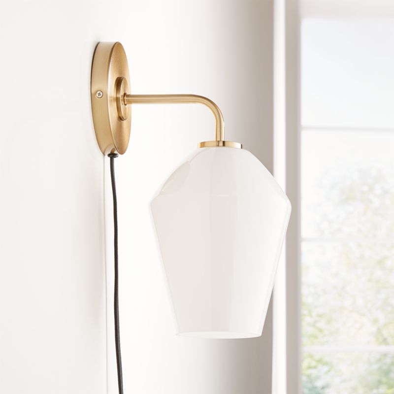 Arren Brass Wall Sconce with Milk Angled Shade + Reviews | Crate and Barrel | Crate & Barrel