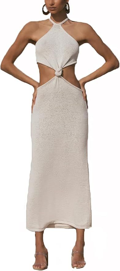 Womens Sexy Knitted Cut Out Casual Summer Beach Long Dress Spaghetti Strap/Halter Neck Backless C... | Amazon (US)