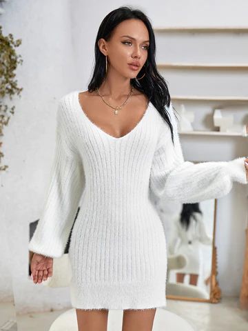 Fuzzy Knit V Neck Lantern Sleeve Sweater Dress | 1Sansome