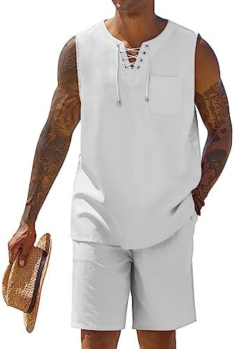 COOFANDY Mens Linen Sets Outfits 2 Piece Beach Drawstring Tank Tops Sleeveless Shirt Matching Sho... | Amazon (US)