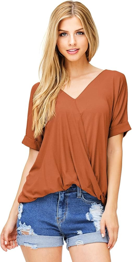 Double Zero Women's Surplice V-Neck Soft Casual Top (Rust, Small) | Amazon (US)