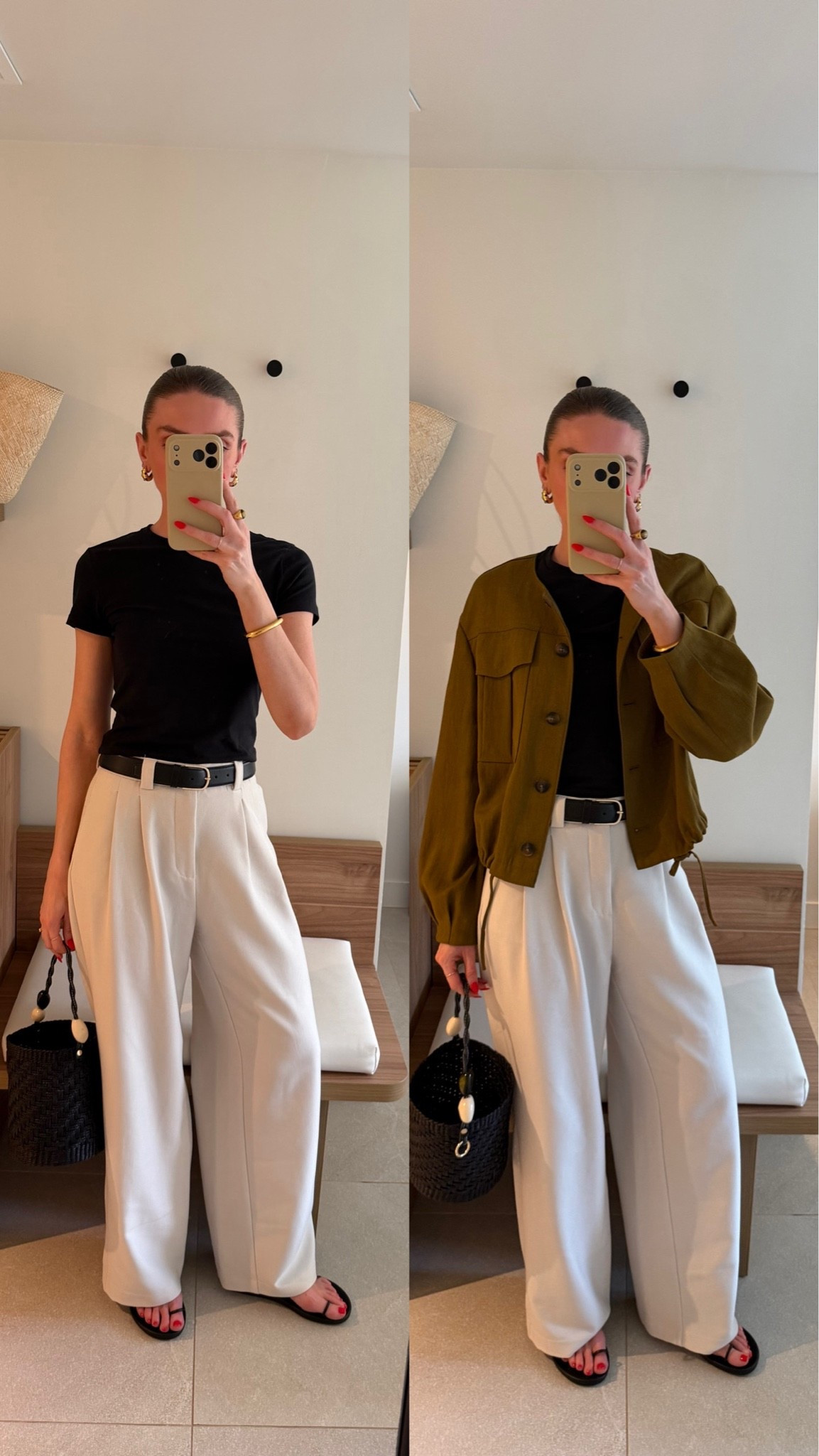 Small in the Abercrombie black baby tee
Size 10 in the M&S jacket
Older Stradivarius cream wide leg trousers so similar linked
Toteme belt
Ancient Greek sandals 
Sense studios bag