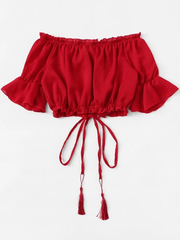 Frill Trim Tassel Drawstring Off Shoulder Crop Top | SHEIN