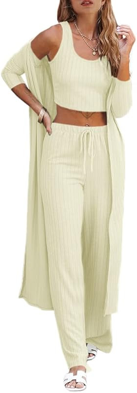 Fessceruna Womens Pajamas Set Fall Winter 3 Piece Loungewear Set Crop Top Loose Pants Cardigan | Amazon (US)