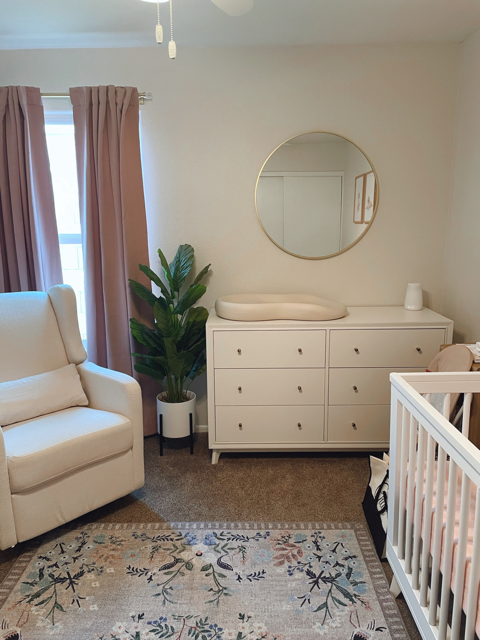 Nursery sneak peek 
Mirror is from Home Goods but linked same size from Pottery Barn
Plant is old from Hobby Lobby 

#LTKBaby #LTKHome #LTKBump