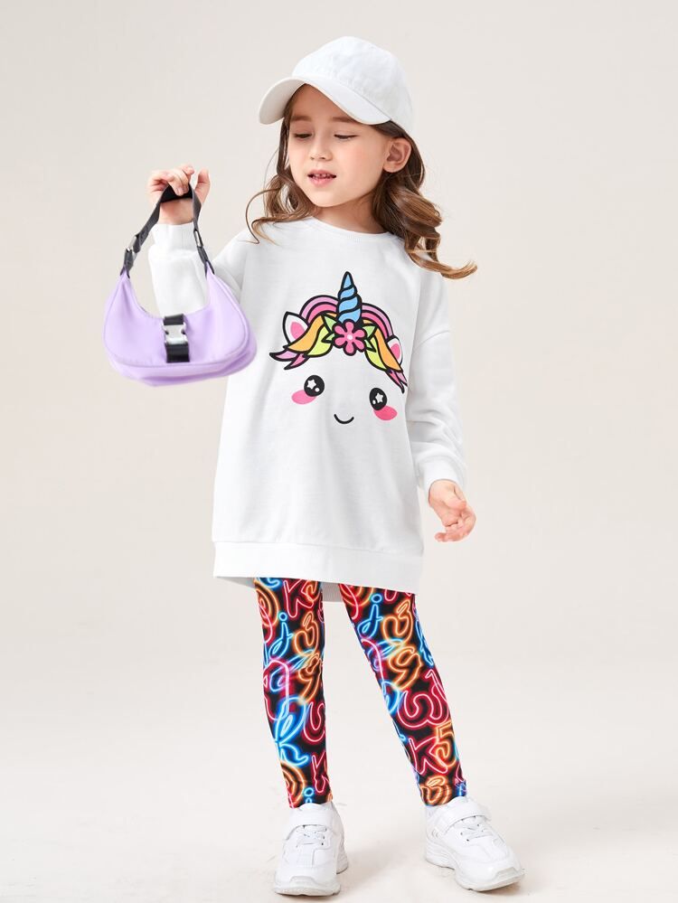 SHEIN Toddler Girls Cartoon Unicorn Print Drop Shoulder Pullover & Graphic Print Leggings | SHEIN