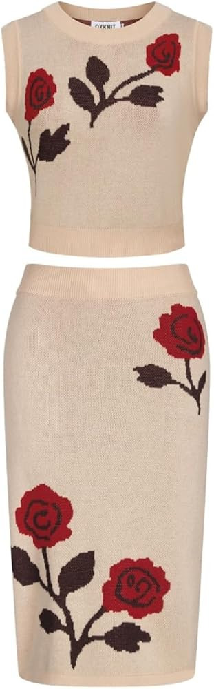 OXKnit Women's Beige Knitted Vest Skirt Sets, 1960s Casual Retro Florals Pattern Cotton 2 Piece S... | Amazon (US)