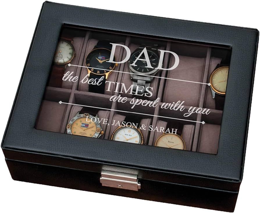 The Best Times Personalized 10 Slot Watch Box Glass Display Case with Black Leather Exterior and ... | Amazon (US)
