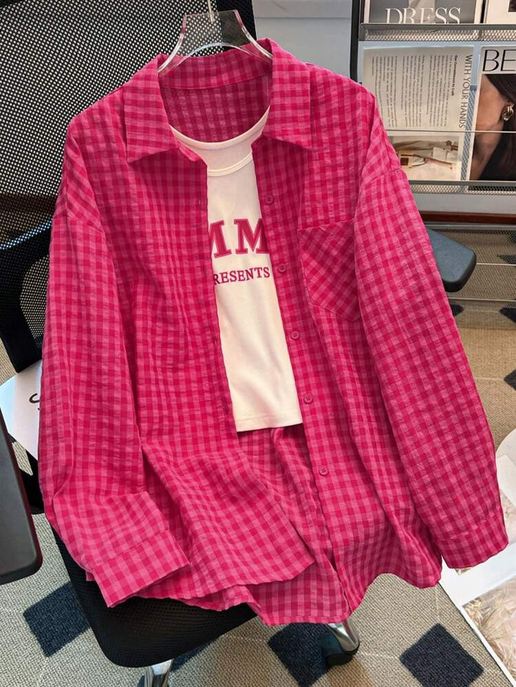 YUXIN Women's Loose Plaid Shirt, Collared Button-Up, Single Side Pocket, Available In Multiple Colors, Suitable For Commuting And Casual Wear, All-Season Spring | SHEIN