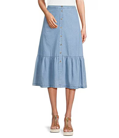 Jones New York Chambray Tiered Button Front Midi Skirt - M | Dillard's