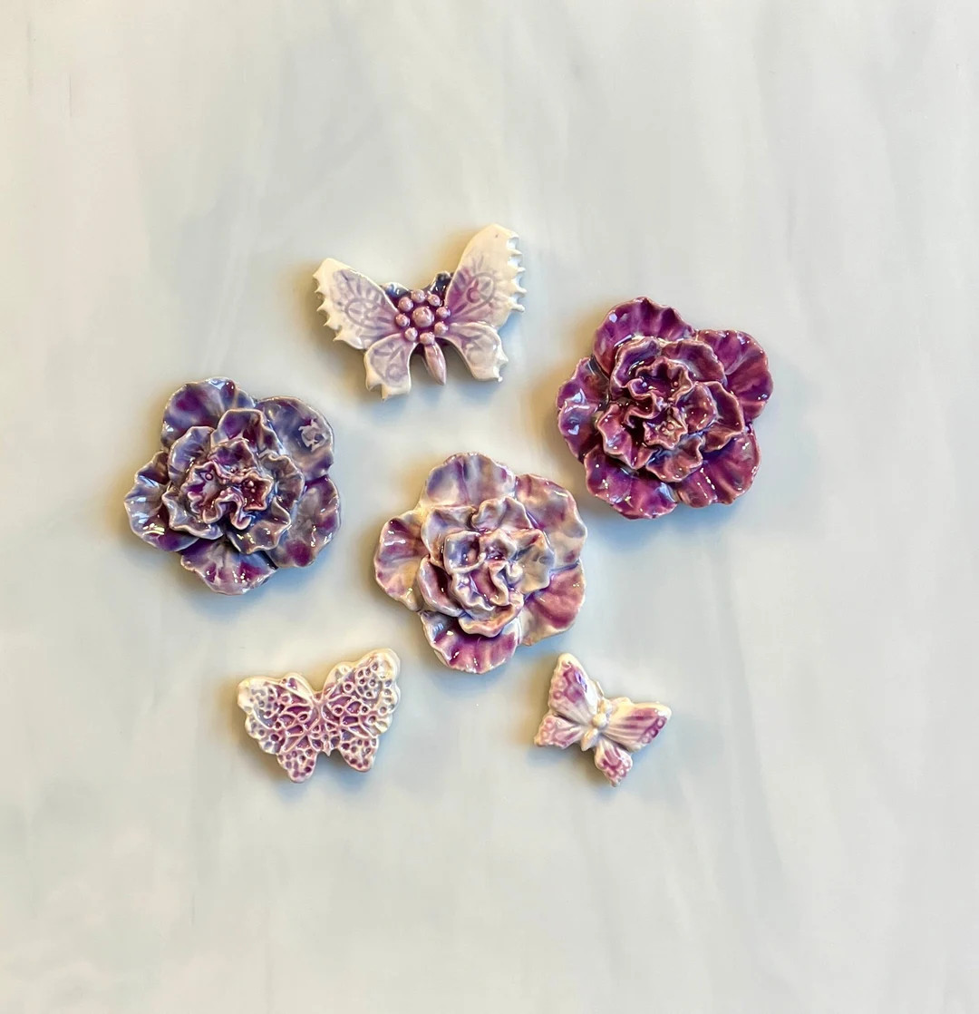 Ceramic Flower and Butterfly Tiles, 6pcs, Shades of Purple, Ruffled Carnations, Variety Butterfli... | Etsy (US)