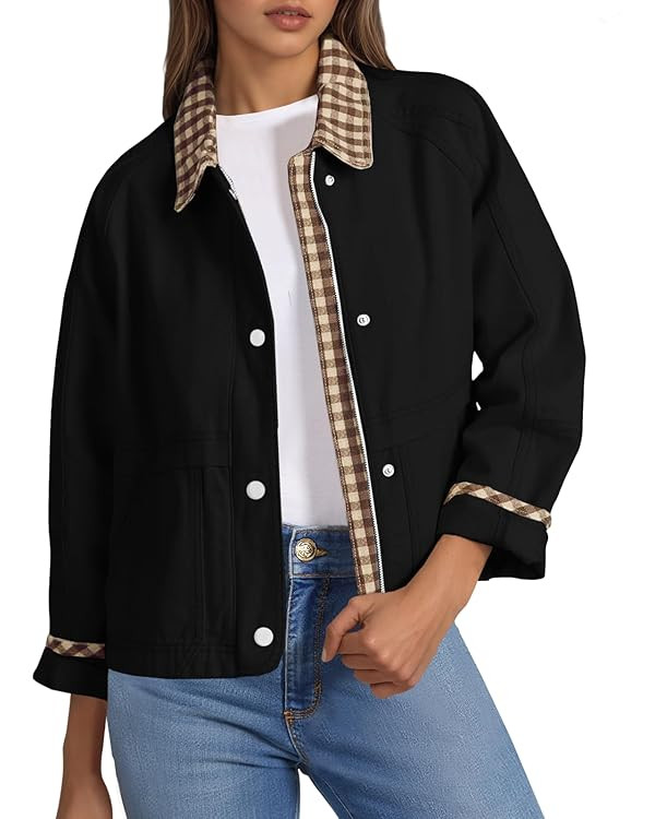 Tankaneo Womens Cropped Jacket Lightweight Casual Zip Up Barn Jackets Fall Contrast Plaid Outerwe... | Amazon (US)