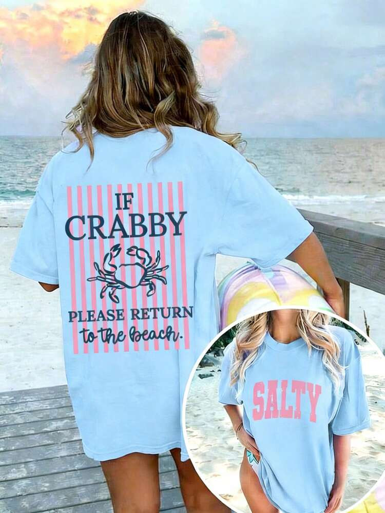 Women's If Crabby Please Return To The Beach Graphic Oversized Tee, Light Blue Summer Tops, Beach Vacation Outfits For Women, Fashion Summer Clothes, Coastal Graphic Tees | SHEIN