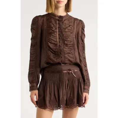 LoveShackFancy Jacque Lace Silk Paneled Button-Up Shirt in Black at Nordstrom, Size Small | Nordstrom