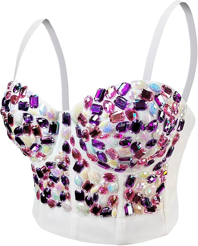 Women's Handmade Rhinestone Diamond Push up Bustier Crop Top Punk Corset Bra Vest | Amazon (US)