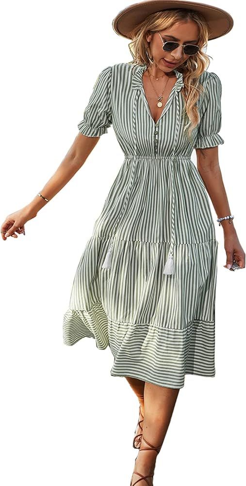 Shmily Girl Summer Dress for Women Striped Casual Midi Dresses V Neck Short Sleeve Dress | Amazon (US)