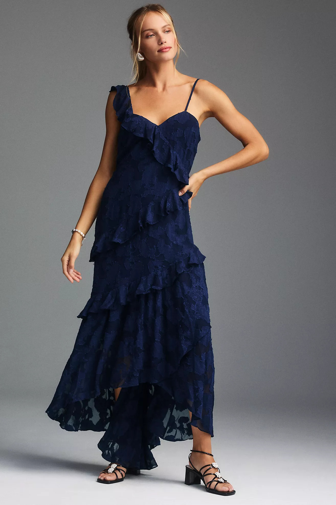 BHLDN Claudia Asymmetric Ruffle Chiffon Midi Dress | Anthropologie (US)