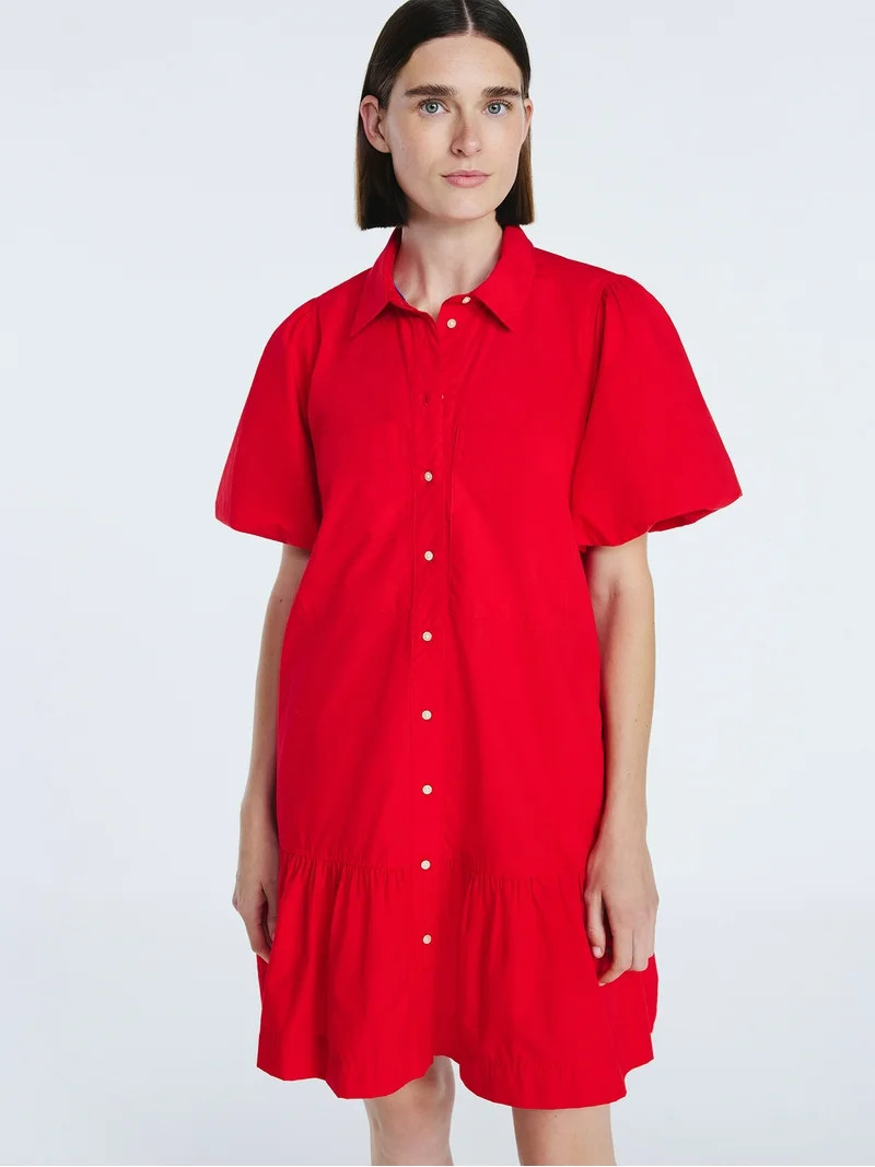 Free Assembly Women's and Women's Plus Cotton Mini Shirtdress with Short Puff Sleeves, Sizes XS-X... | Walmart (US)