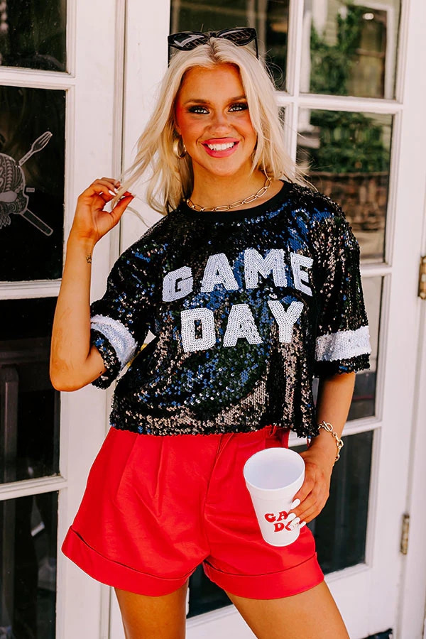 Game Day Sequin Crop Top In Black | Impressions Online Boutique