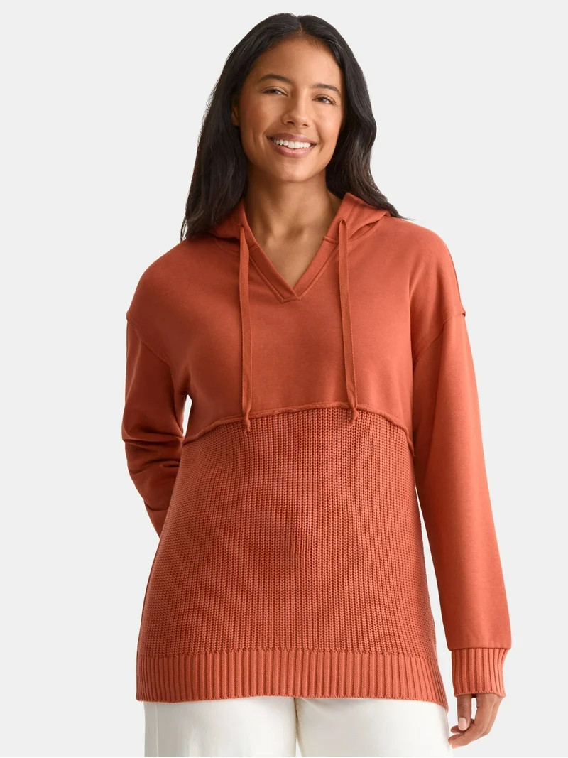 Time and Tru Women's Fashion Mixed Media Sweatshirt with Hood, Sizes XS-XXXL | Walmart (US)