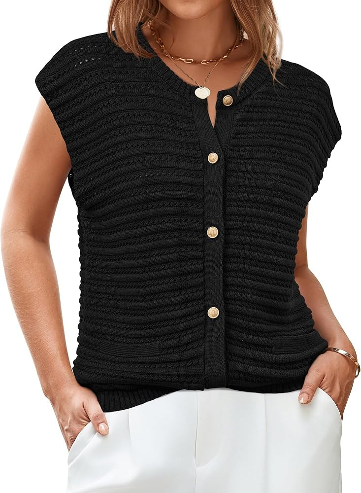 Arach&Cloz Women Cap Sleeve Sweater Vest 2025 Summer Crochet Button Down Knit Cardigan Loose Busi... | Amazon (US)