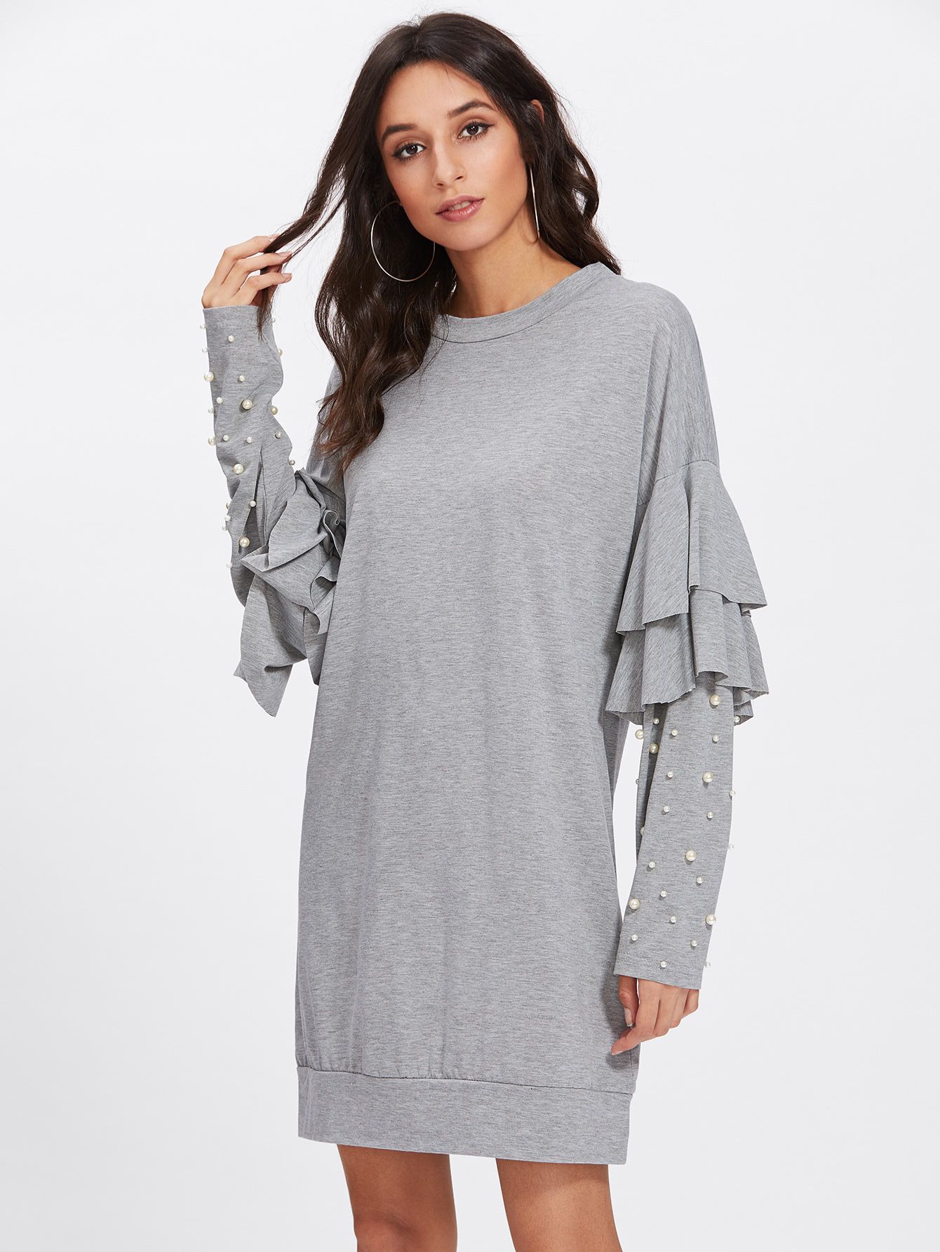 Flounce Sleeve Faux Pearl Dress | SHEIN