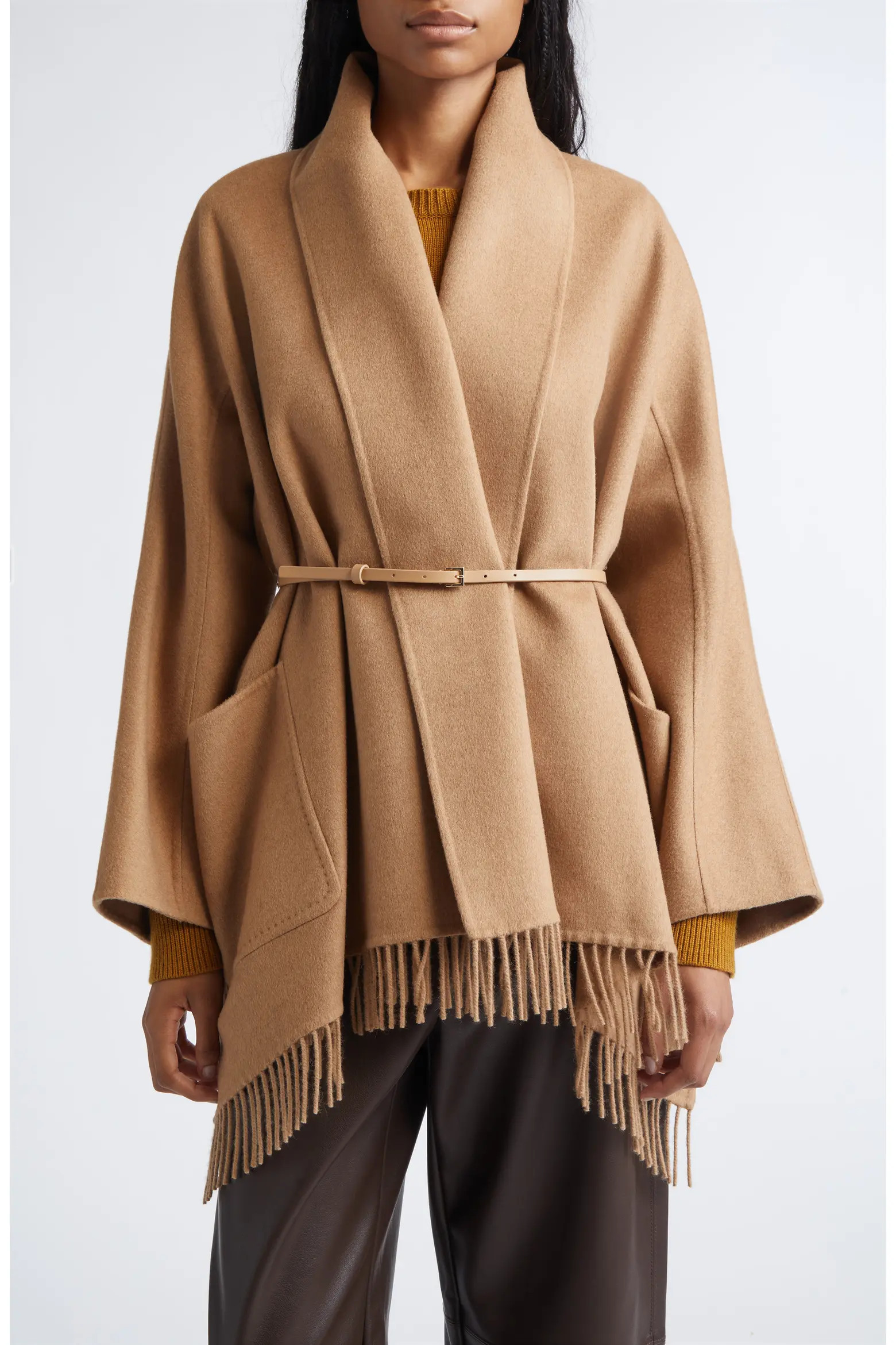 Abilita Fringed Camel Hair Belted Cape Jacket (Women) | Nordstrom | Nordstrom
