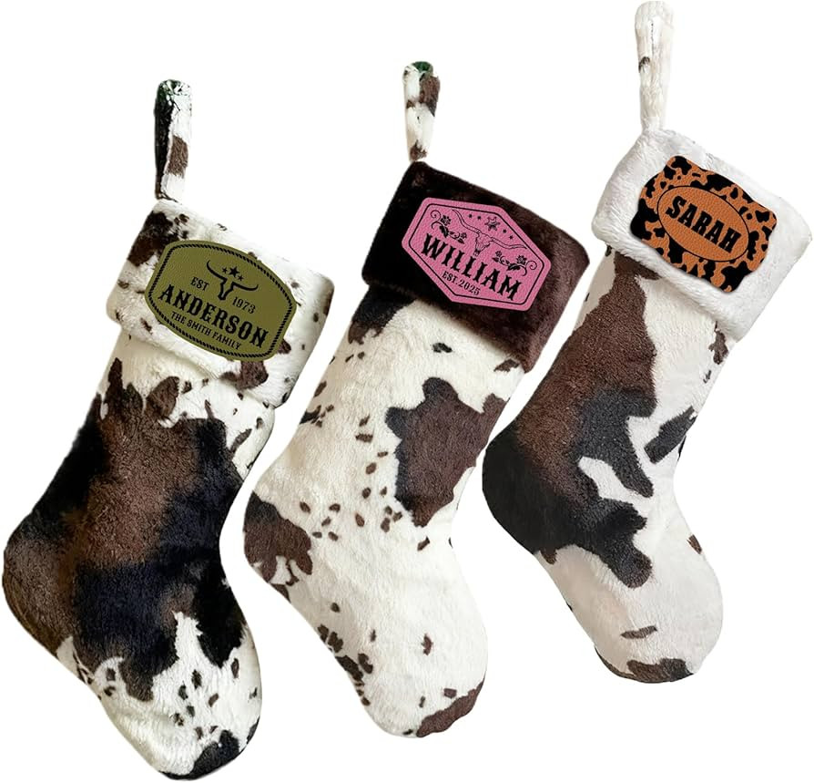 Custom Cowhide Christmas Stocking with Name, Personalized 20" Large Cow Print Stockings with Leat... | Amazon (US)